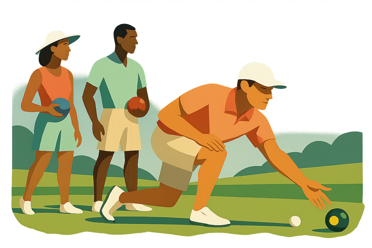 Stylized illustration of three people playing lawn bowls